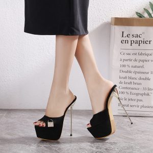 European and American Street Style Lock Decoration 2021 New Ultra Thin Heel 16CM Black Slippers 34-40