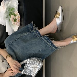 2025 New Summer Metal Buckle Square Toe Flat Slippers Fashion Versatile Mules