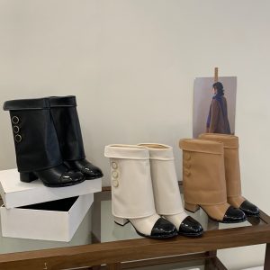 Chanel Style Round Toe Color Block Riding Boots 2025 Autumn New Trendy Chunky Heel Mid Calf Boots for Women