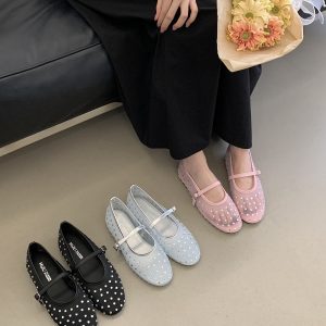 2026 Summer New Mary Jane Shoes Women Casual Soft Sole Mesh Rhinestone Flats