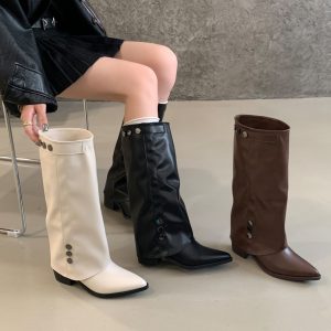 2025 New Retro Pointed Toe Western Cowboy Boots Women Autumn Chunky Heel High Top Slim Fit Martin Boots - Style 673b12
