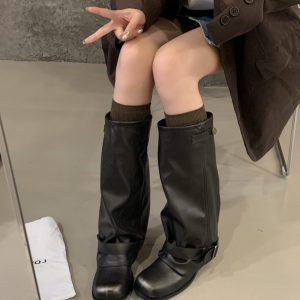2025 New Western Cowboy Boots for Women Pleated Stacked Round Toe Vintage Low Heel Riding Boots