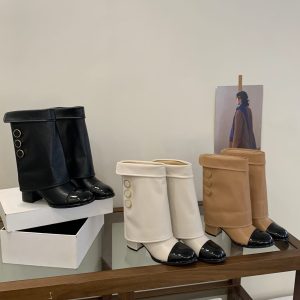 Chanel Style Round Toe Color Block Riding Boots 2025 Autumn New Trendy Chunky Heel Mid Calf Boots for Women